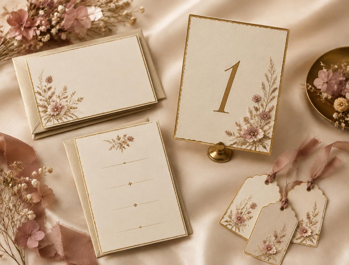 Matching thank-you cards, table number and favor tags